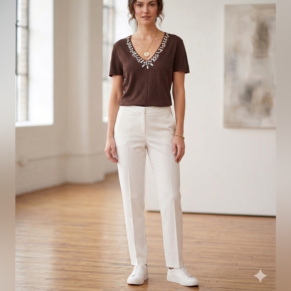 Lauren Hansen 100% linen knit Top with Beaded Neckline